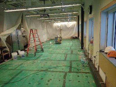 the galley floor after the old carpet was removed