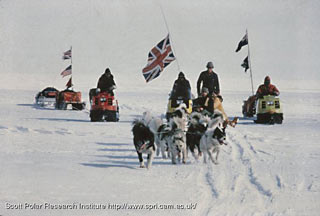 Scott Base dog team leading the expedition snowmobiles to the base